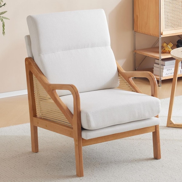 Karl home White Arm Chair with Rattan Handrail