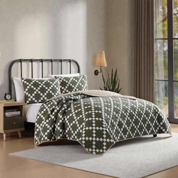 Diamond Floral 3-Piece Green Multi Cotton King Quilt Set
