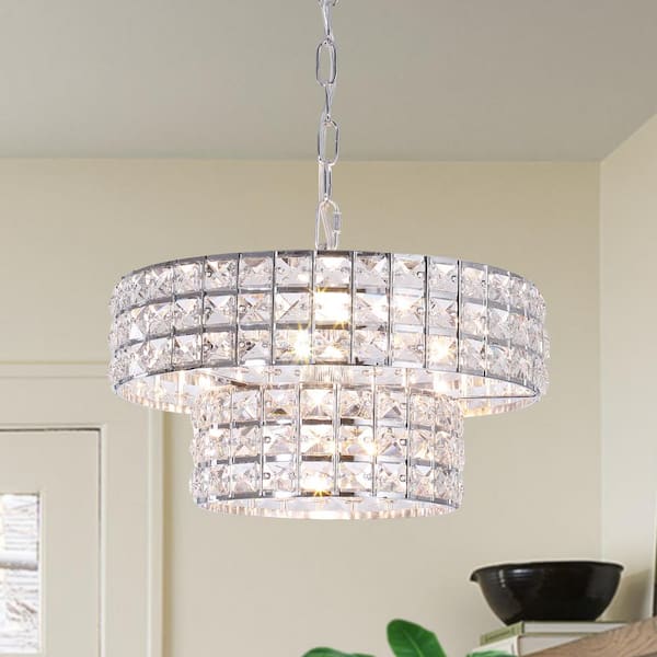 ZJVAIVE 3-Light Chrome Modern Metal Pendant Design 2-Tier Crystal Hanging Linear Chandelier Lighting for Kitchen Island