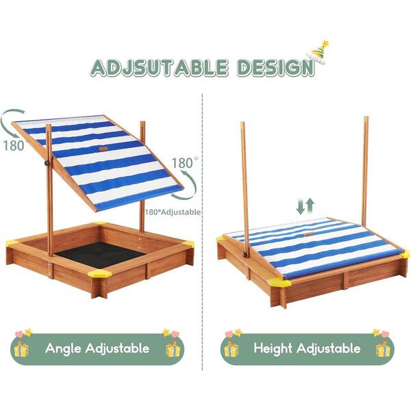 Unbranded - 3.8 ft. W x 3.8 ft. L Outdoor Wood Kids Sandbox with Adjustable Canopy, Large Outdoor Sandpit for Backyard Play
