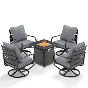 4 Seat 5-Piece Metal Outdoor Fire Pit Patio Set with Gray Cushions, Swivel Chairs and Square Fire Pit Table