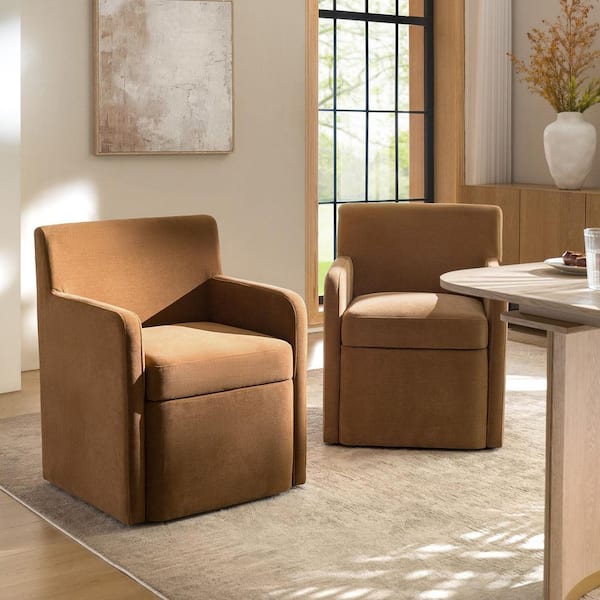 Anna Caramel Modern Polyester Dining Chair with Built-in Storage Compartment Set of 2