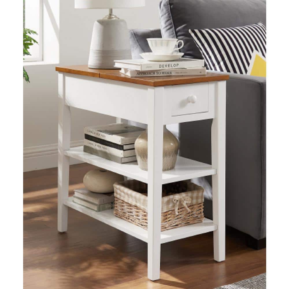 Narrow White and Brown Wood End Table with USB Ports