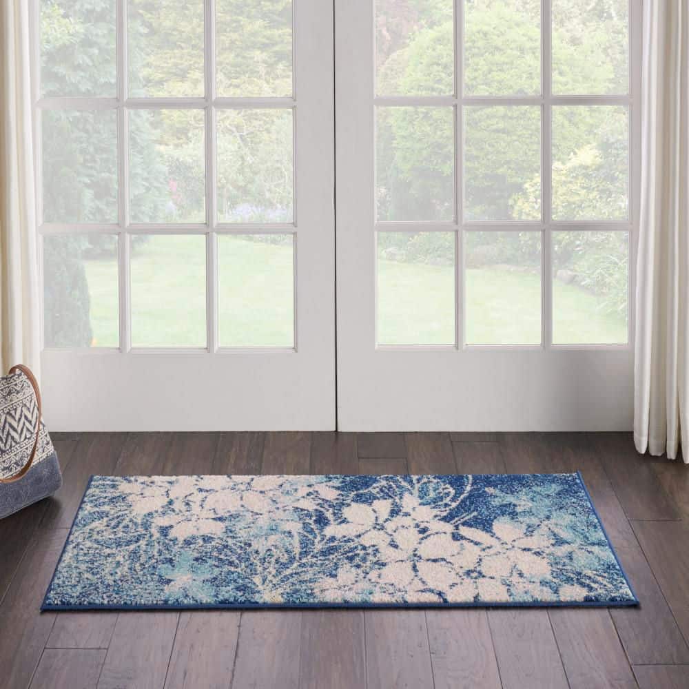 Navy & Pink Floral Viscose 2' x 4' Easy-Care Area Rug