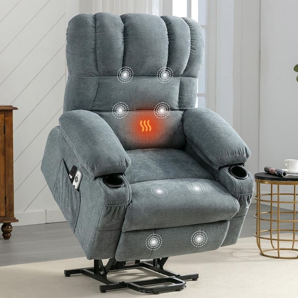 Large 23.23 in. Wide Seat Blue Fabric Electric Power Lift Recliner Chair with Massage Heated Single Sofa Chair