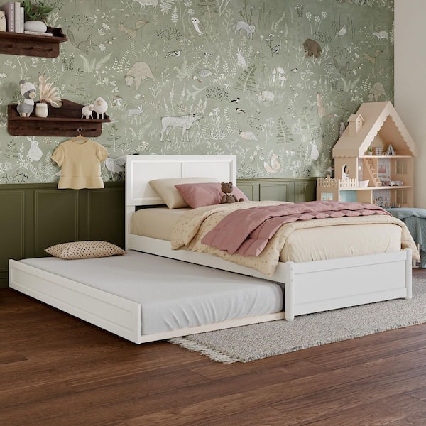AFI Lylah White Solid Wood Frame Twin Platform Bed with Panel Footboard and Twin Trundle