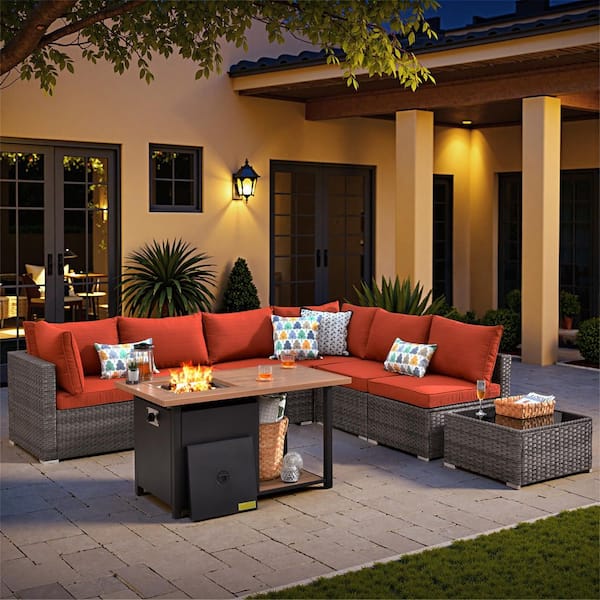 Elora Gray 8-Piece Wicker Outdoor Sectional Set with Fire Pit Double-Tier, Orange Red Cushion & Coffee Table