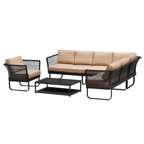 ART TO REAL 7 Seater Wicker Patio Furniture Set, All-Weather Outdoor Conversation Set Sectional Sofa with Coffee Table,Cushion,khaki