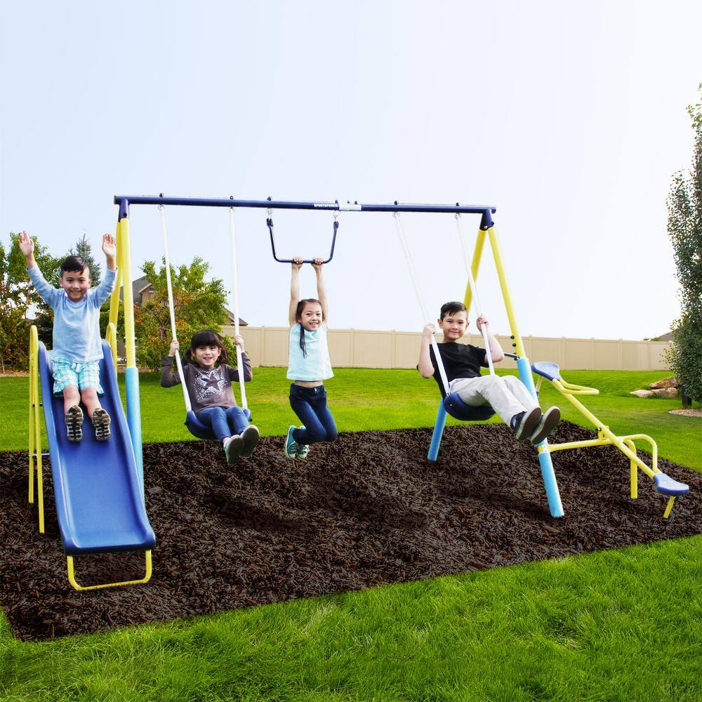 Sportspower Blue and Yellow Metal Swing Set with Slide and Teeter-Totter