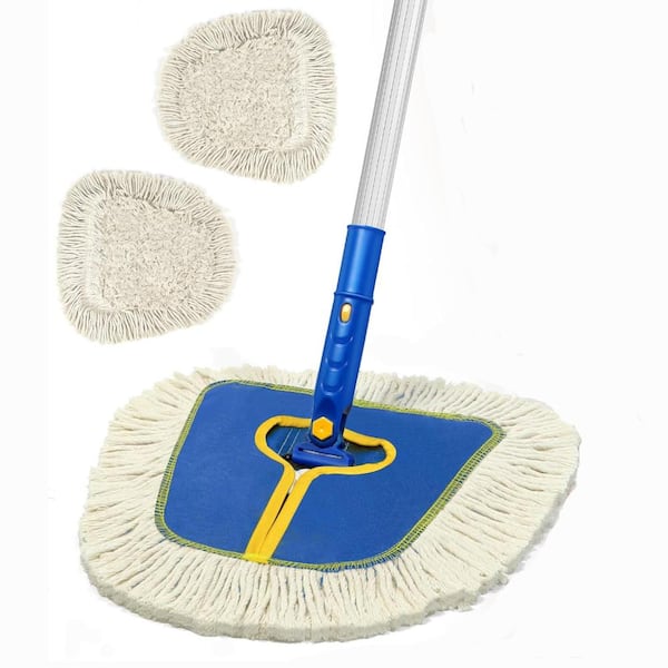 Blue Commercial Dust Mop,Dry Mop Broom with 2 Replacement Wedge Cotton Mop Pads
