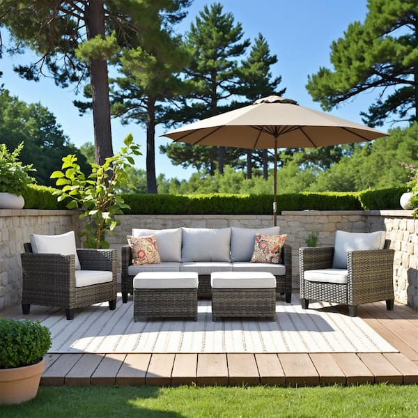 OVIOS New Vultros Gray 5-Piece Wicker Outdoor Patio Conversation Seating Set with Gray Cushions