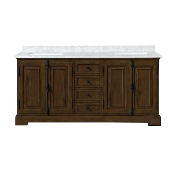 Clinton 72 in. Double Sink Antique Coffee Bath Vanity with Carrara Marble Top (Assembled)