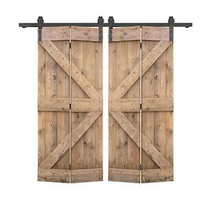 40 in. x 84 in. K Series Solid Core Light Brown Stained DIY Wood Double Bi-Fold Barn Doors with Sliding Hardware Kit