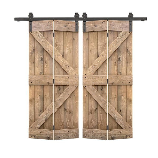 60 in. x 84 in. K Series Light Brown Stained DIY Wood Double Bi-Fold Barn Doors with Sliding Hardware Kit