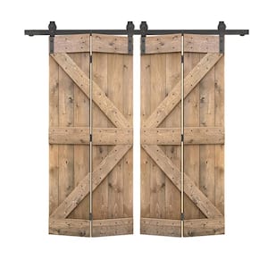 72 in. x 84 in. K Series Solid Core Light Brown Stained DIY Wood Double Bi-Fold Barn Doors with Sliding Hardware Kit