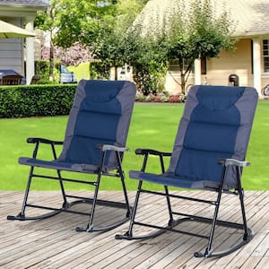 2-Piece Metal Patio Furniture Set Outdoor Rocking Chairs with Blue Cushions, Bistro Style for Porch, Camping, Balcony