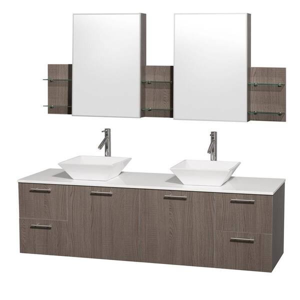 Wyndham Collection Amare 72 in. Double Vanity in Grey Oak with Man-Made Stone Vanity Top in White and Porcelain Sinks and Mirror
