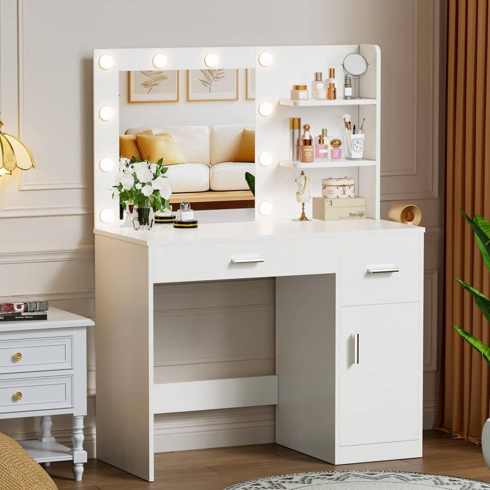 Vanity Desk with Lighted Mirror & Power Outlet, Makeup Vanity with Drawer & Cabinet White - thumbnail 7