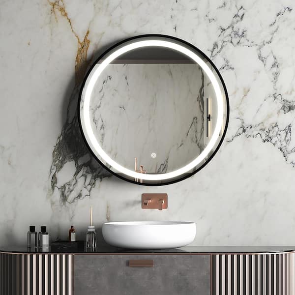 CATALINA 24 in. W x 24 in. H Small Round Frameless LED Lighted Wall Mounted Bathroom Vanity Mirror in Black