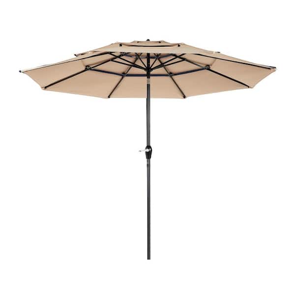 10 ft. Aluminium Outdoor Patio Umbrella 3 Tier Auto-Tilt Market Umbrella in Khaki with Crank Tilt