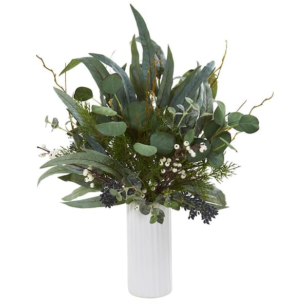 Nearly Natural 22 in. Eucalyptus Artificial Plant in White Cylinder Vase