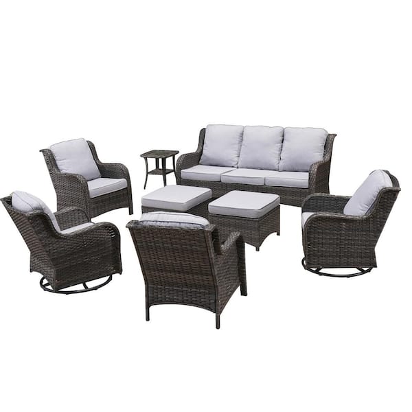 Moonlight Gray 8-Piece Wicker Patio Conversation Seating Sofa Set with Gray Cushions and Swivel Rocking Chairs