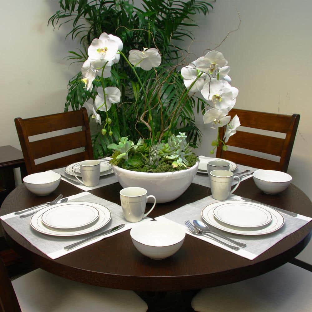White and Gold Banded Ceramic Dinnerware Set, Service for 4