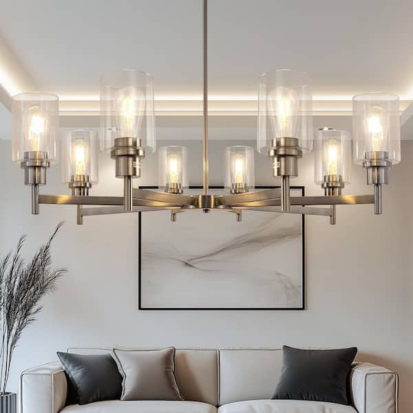 8-Light Brushed Nickel Industrial Chandelier with Clear Glass Cylinder Shades, perfect for Dining Room and Living Room