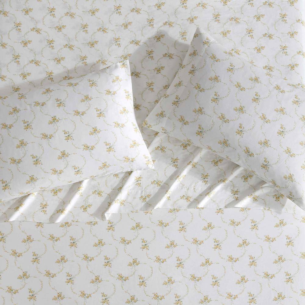 King Size White Cotton Floral Sateen Sheet Set