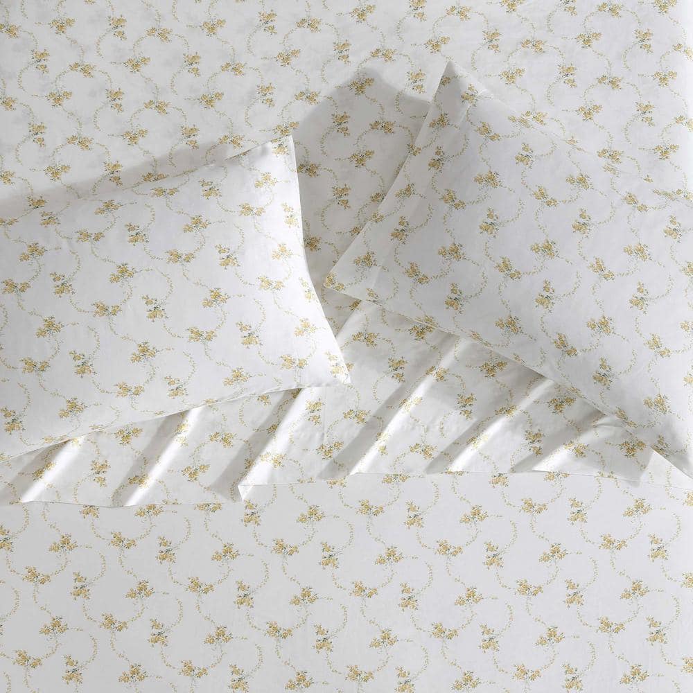 King Size White Cotton Floral Sateen Sheet Set