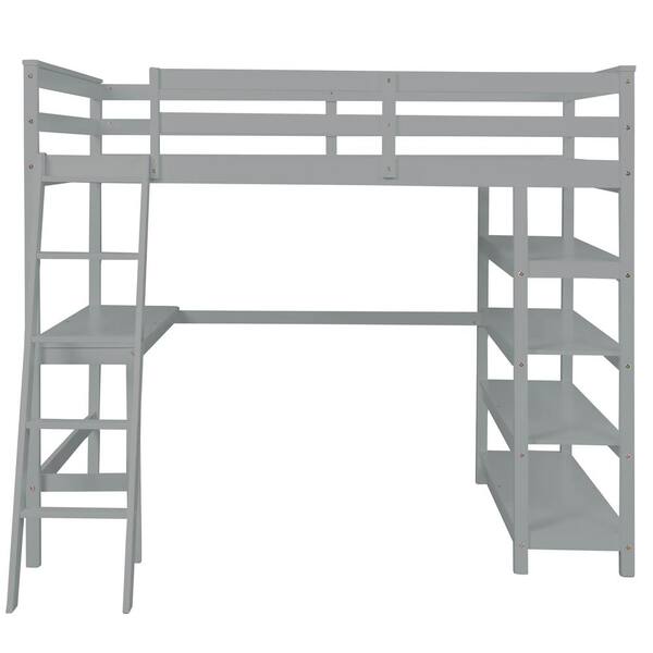 Urtr Full Size Wood Gray Loft Bed With Desk Ladder Loft Beds With Storage Shelves Wood Loft Bed Frame For Bedroom Kids Wyx 164g The Home Depot