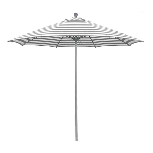 California Umbrella 9 ft. Gray Woodgrain Aluminum Commercial Market Patio Umbrella Fiberglass Ribs and Push Lift in Gray White Cabana Olefin