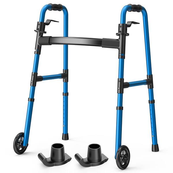 Wudkey Blue Folding Standard Walker with 2 Skis and 5 in. Wheels ...