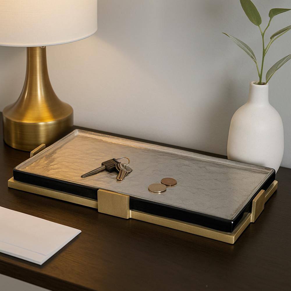 Gold 19 in. Rectangle Glass Decorative Tray with Meral Accent price history on PriceWatchPro