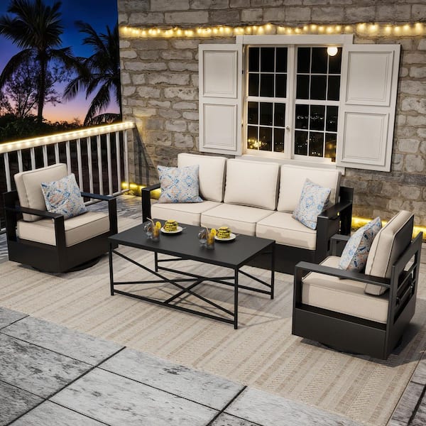 4-Piece Aluminum Patio Conversation Set with Outdoor Swivel Rocking Chair, Coffee Table and Thick Beige Cushions
