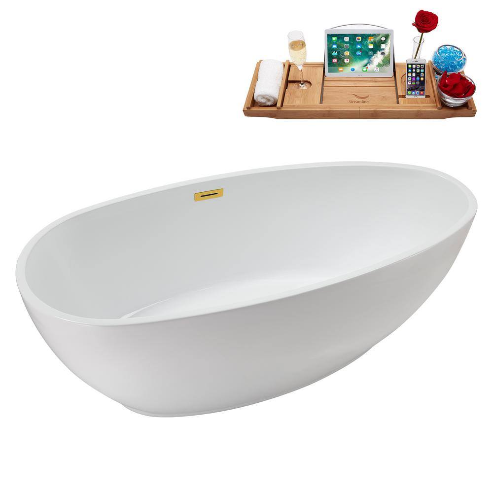 67" Glossy White Acrylic Freestanding Soaking Bathtub with Polished Gold Trim