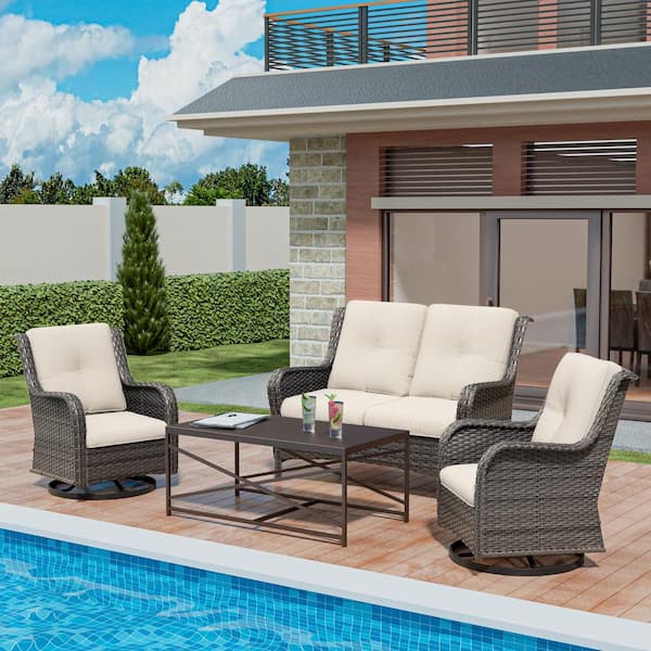 MeetLeisure 4-Piece Wicker Patio Conversation Set Loveseat Sofa Coffee Table with Beige Cushion
