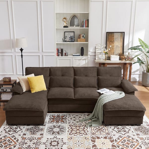 STICKON 109.84 in. W Pillow Top Arms 3-Piece Linen Modern U-Shaped Sectional Sofa in Coffee with Toss Pillows