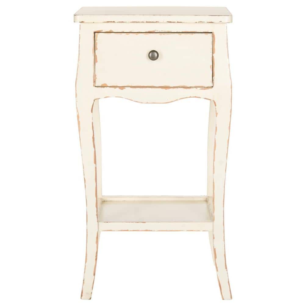 Vintage Cream Rectangular Wood End Table with Storage