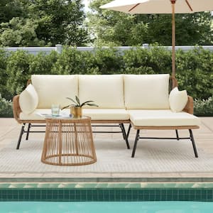 3-Piece Outdoor Patio Furniture Sets, L-Shaped Sectional Wicker Conversation Sets with Thick Cushions