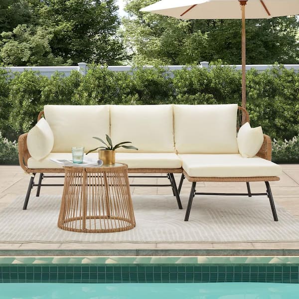 EROMMY 3-Piece Outdoor Patio Furniture Sets, L-Shaped Sectional Wicker Conversation Sets with Thick Cushions