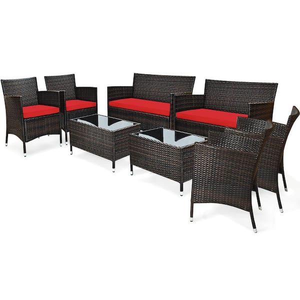 Gymax 8-Pieces Rattan Patio Conversation Furniture Set Outdoor with Red Cushion