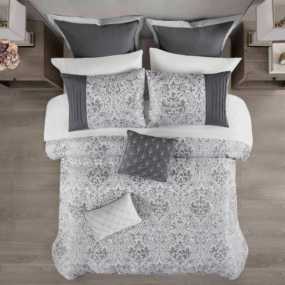 Silver Jacquard Queen Bed in a Bag Set with Microfiber Sheets