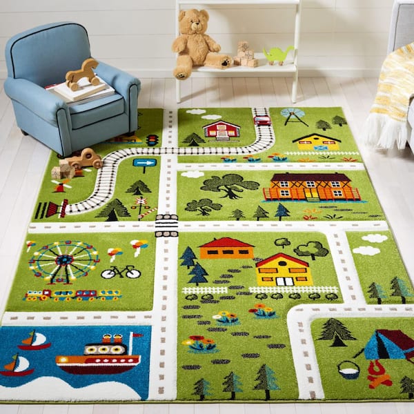 Carousel Kids 9 ft. x 12 ft. Green/Beige Neighborhood Roads Area Rug