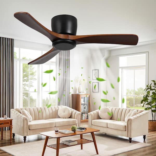 42 in. Smart Black Indoor Solid Wood Brown Blades Low Profile Flush Mount Ceiling Fan with Remote and Noiseless sleep