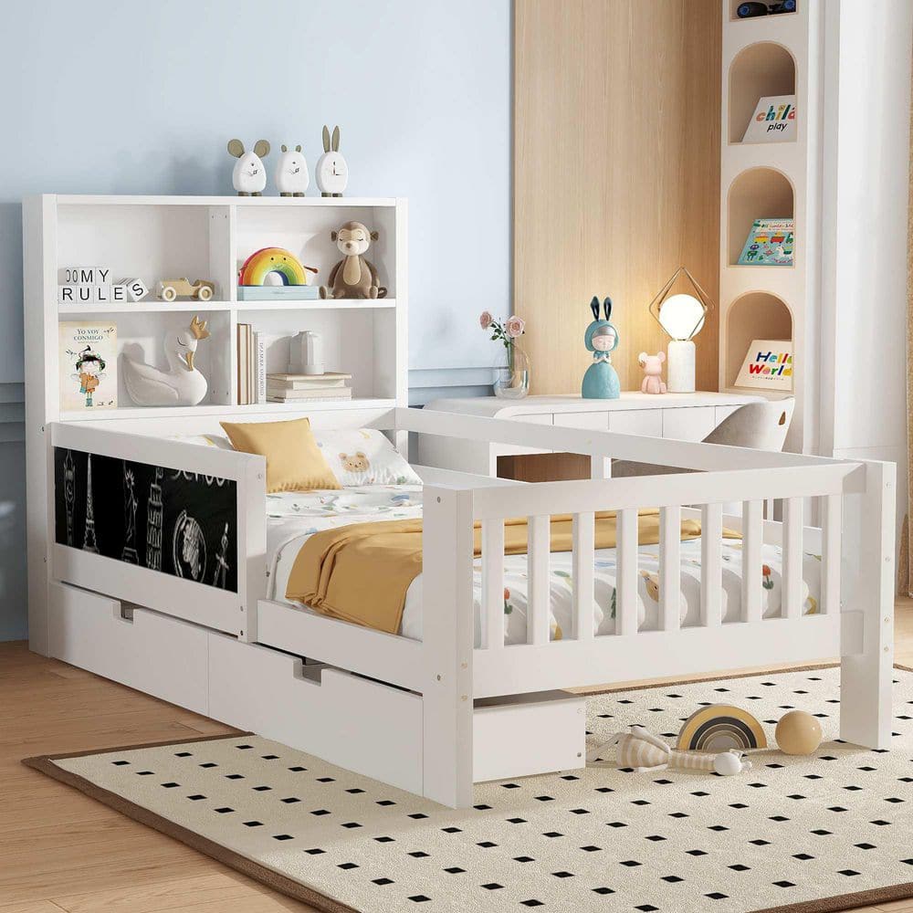 White Pine Wood Frame Twin Platform Bed with Chalkboard, Storage Drawers and Shelves