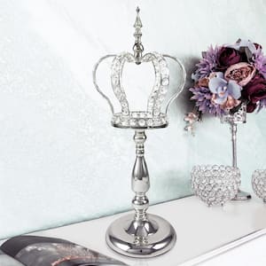 Silver Table Decor Decorative Crown Crystal Bead Metal Accent Piece with Curved Stand 22.5 in.
