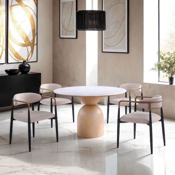 Gwen 5-Piece Round Beige and White Engineered Stone Top 47 in. Drum Base Dining Room Set (Seats 4)