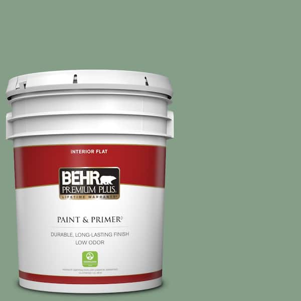 BEHR PREMIUM PLUS 5 gal. #S410-5 Track Green Flat Low Odor Interior Paint & Primer