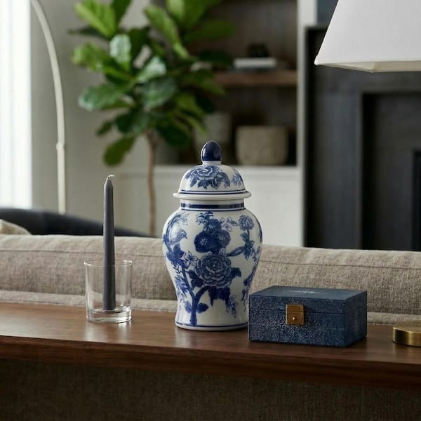 8.5 in. Blue Ceramic Amphora Shape Bird and Flower Temple Jar